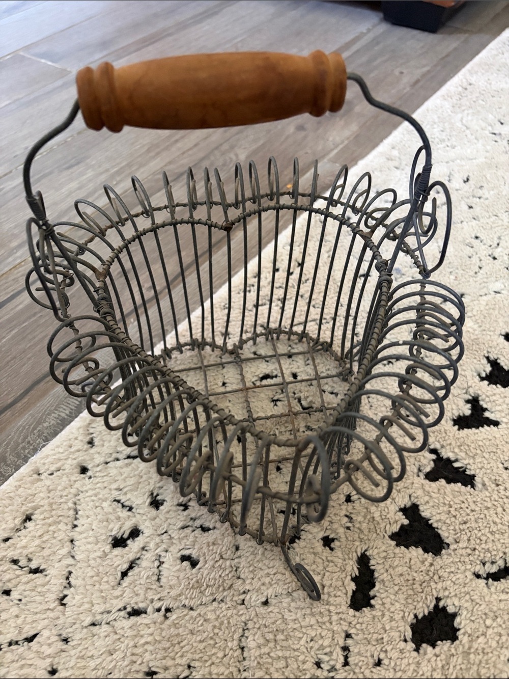 Vintage Rustic Wire Heart Basket with Wooden Handle - farm house decor Gray